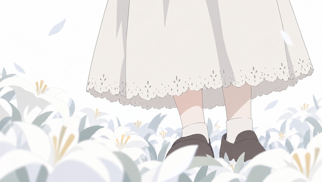 Low insert among the lilies: the lace hem of Rose's cream dress and her small feet standing between white lily blooms, seen from knee height. White light, soft focus in front and behind.