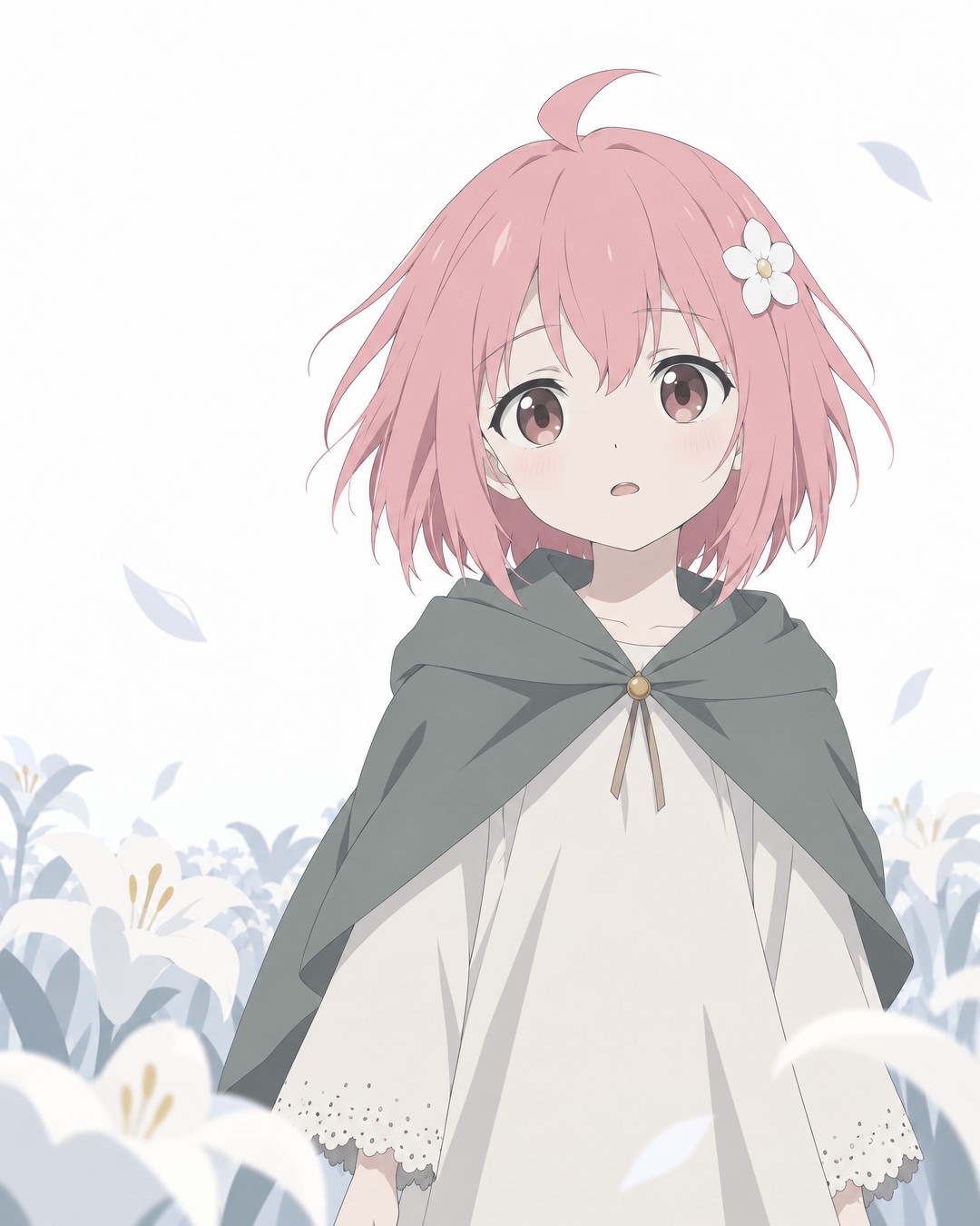 Medium close-up of Rose, waist up, among the lilies against the white sky: grey-green hooded short cloak fastened at the collar over the cream dress, pink bob hair, the white flower in her hair on the viewer's right, lips just parted as she speaks, eyes on the viewer.