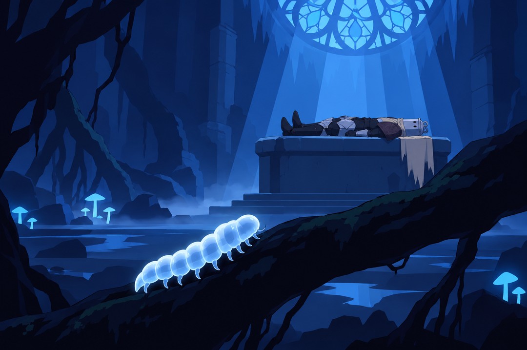 Medium shot at root level: in the foreground a pale translucent segmented larva-like creature, softly glowing from inside, crawls along a thick black root that crosses the frame diagonally. Behind it, out of focus, the stone altar with Lanterne lying on it in blue light, small mushrooms glowing on the floor.