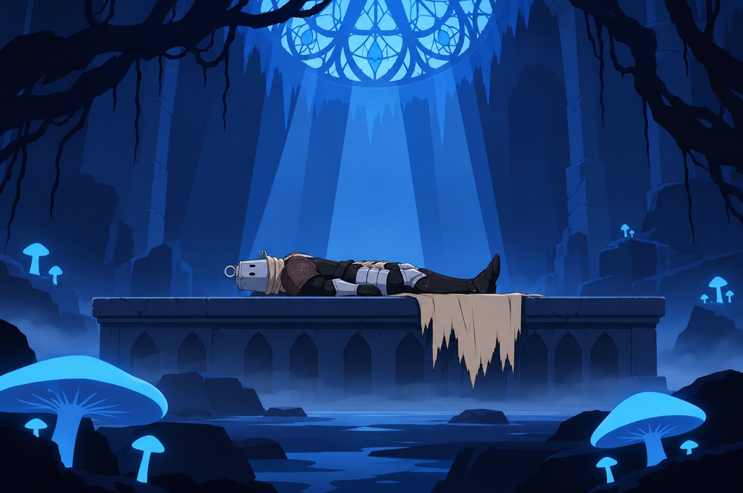 Wide side view of the altar at floor level: the long stone altar runs across the frame, Lanterne lying on it with the helmet to the left and the beige cape hanging over the edge; huge blue mushrooms in the foreground, roots overhead, thin mist.