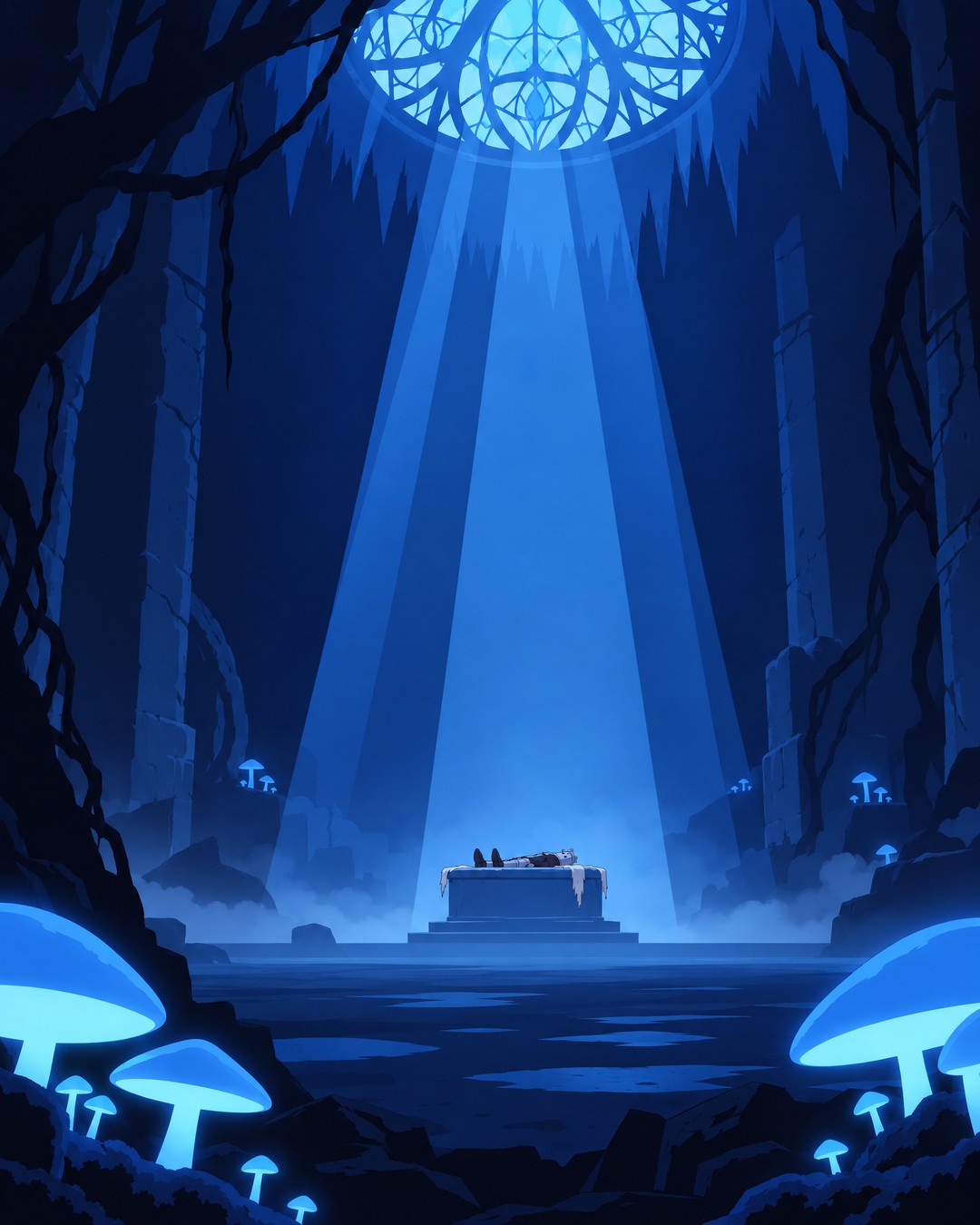 Wide from the floor among big glowing mushrooms: the altar far and small in the centre, beams of light now falling hard on it, mist along the ground.