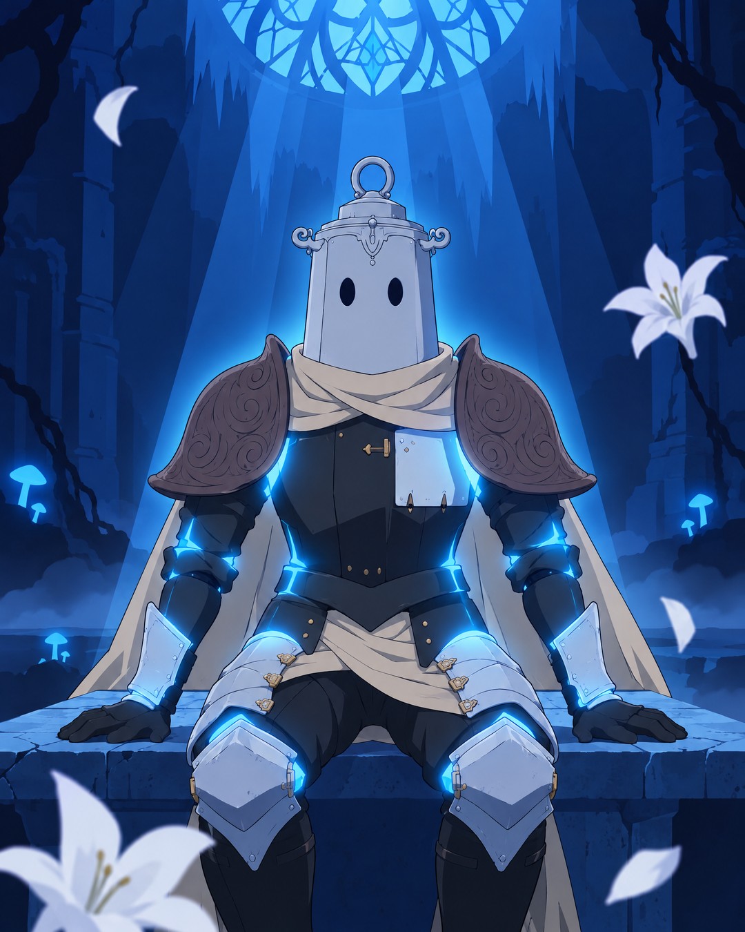 Frontal: Lanterne sits up brusquely toward the camera, torso and joints glowing bright cyan, arms braced on the stone, white lilies falling in the foreground; the glow fades as he freezes upright.