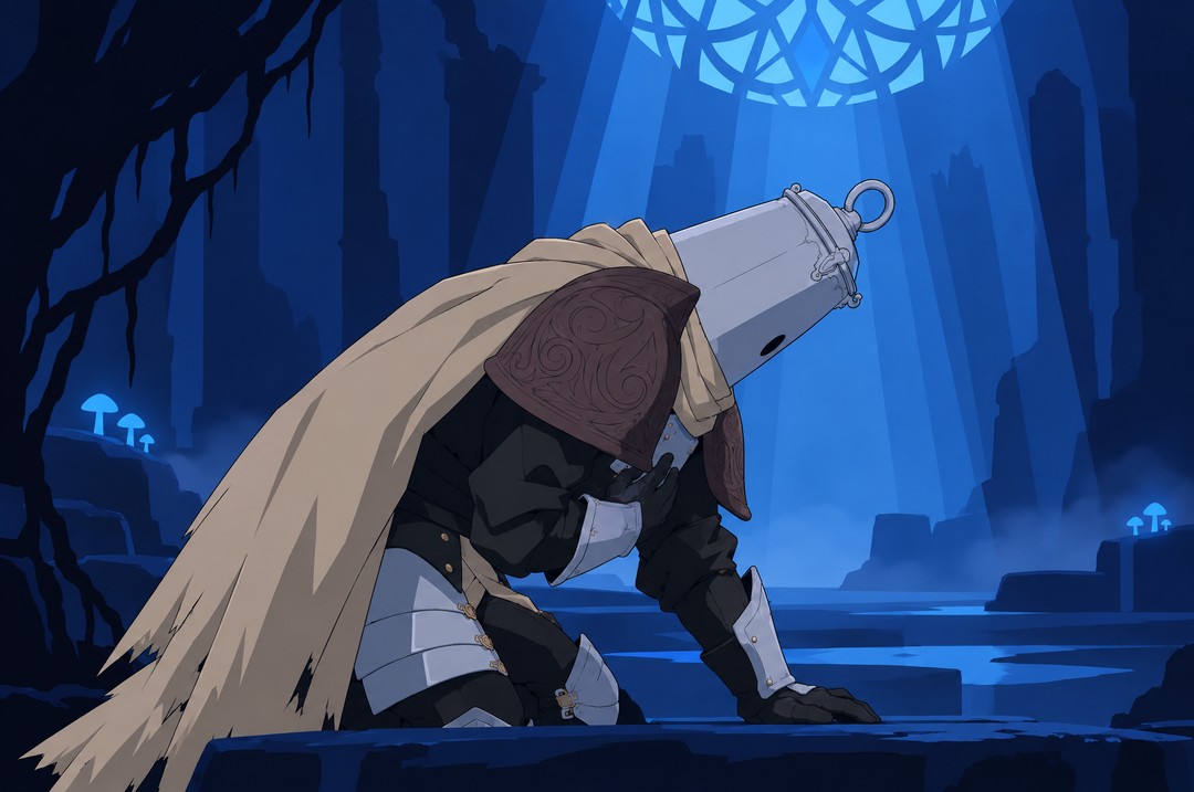 Side view, close: he bends forward over his knees, the helmet pointing down at his own body, the cape sliding over his back, one gauntlet flat on the stone, the other at his chest.